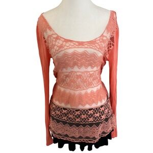 Lace Overlay Top Long Sleeve Blouse‎ Sheer Lightweight Bohemian Party